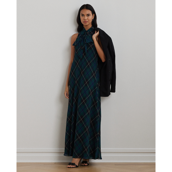 Plaid Crinkle Georgette Tie Neck Gown