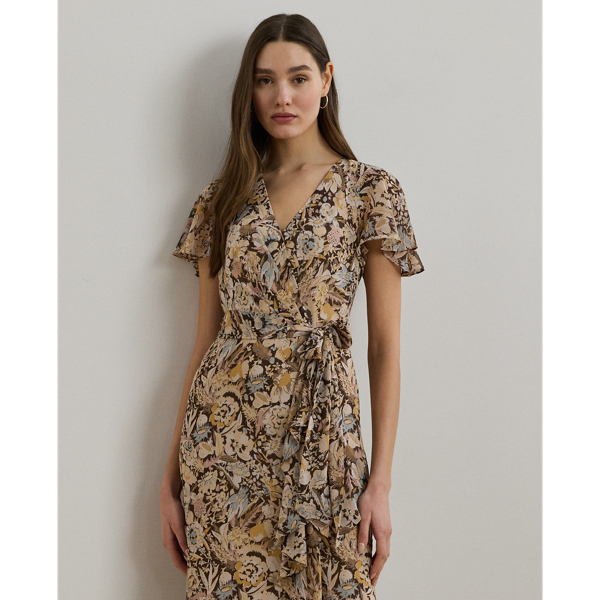 ワンピース LAUREN RALPH LAUREN Woman Dress Brown 200905667 016 Lauren Ralph Lauren Floral Crinkle Georgette Surplice Dress