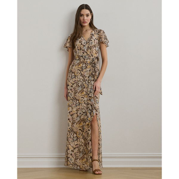 Brown Multi Geblümtes Abendkleid mit Gürtel Lauren 1