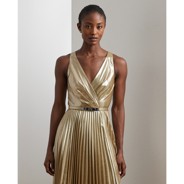 Belted Metallic Chiffon Surplice Gown