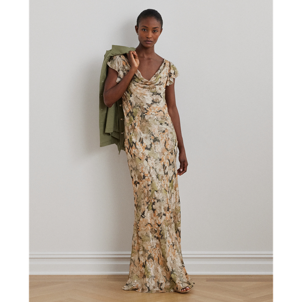 Green Multi Floral Metallic Jacquard Cowlneck Gown Lauren 1