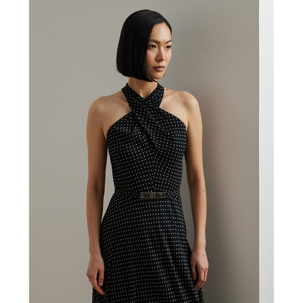 Polka-Dot Belted Georgette Halter Gown