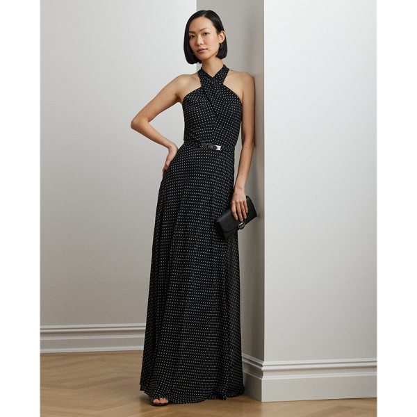 Black/Cream Polka-Dot Belted Georgette Halter Gown Lauren 1