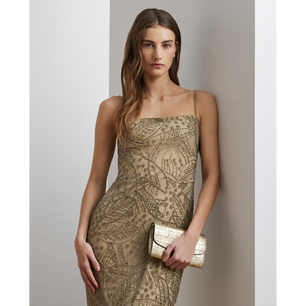 Palm-Frond-Motif Beaded Mesh Gown