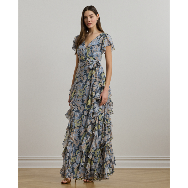 Blue Multi Geblümtes Abendkleid mit Rüschen Lauren 1