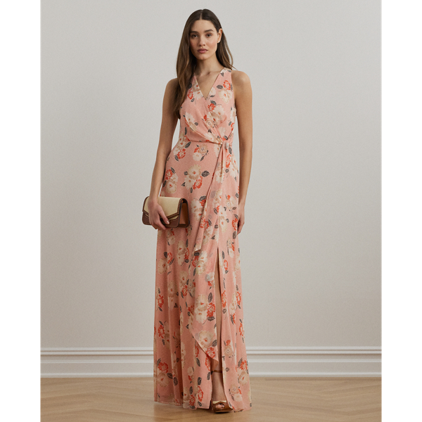 Pink Multi Floral Ruffle-Trim Georgette Gown Lauren 1