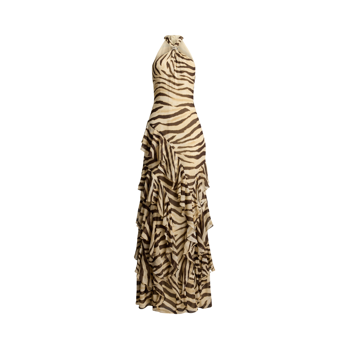Zebra-Print Ruffle-Trim Georgette Gown