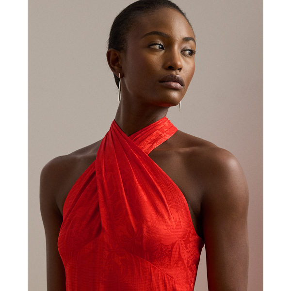 Belted Floral Jacquard Halter Gown