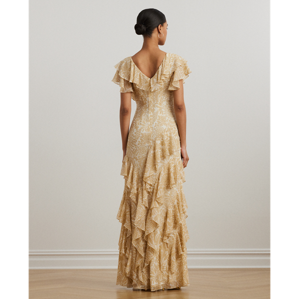 Floral Ruffle-Trim Georgette Gown