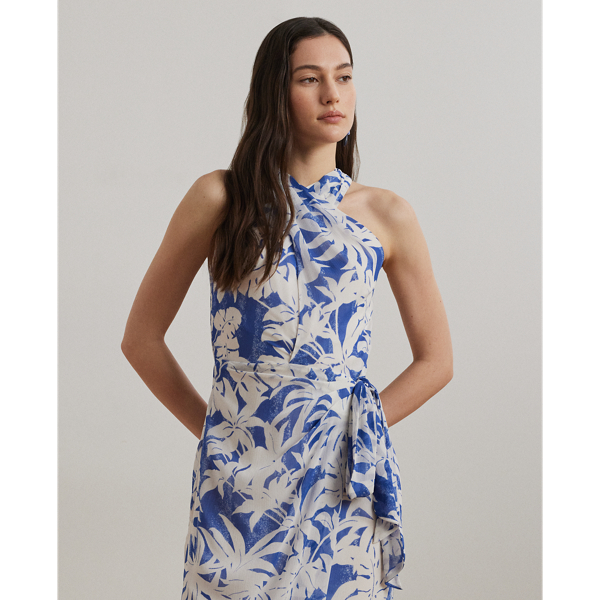 Palm-Frond-Print Georgette Halter Gown