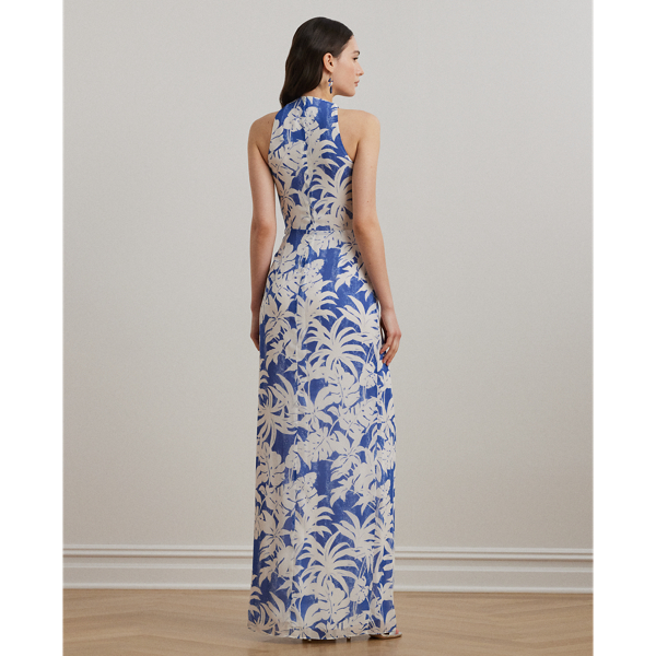 Palm-Frond-Print Georgette Halter Gown