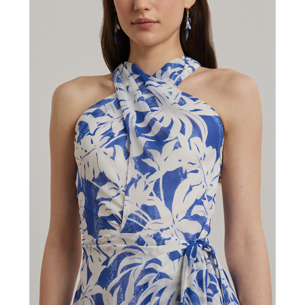 Palm-Frond-Print Georgette Halter Gown