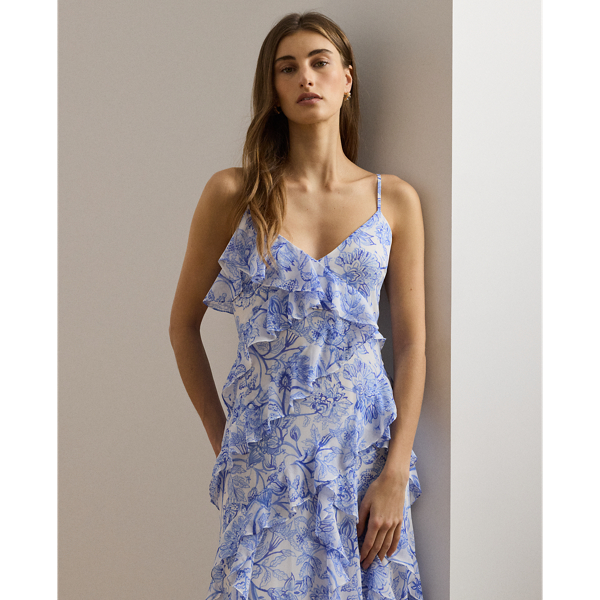 Floral Ruffle-Trim Georgette Gown