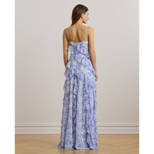 Floral Ruffle-Trim Georgette Gown
