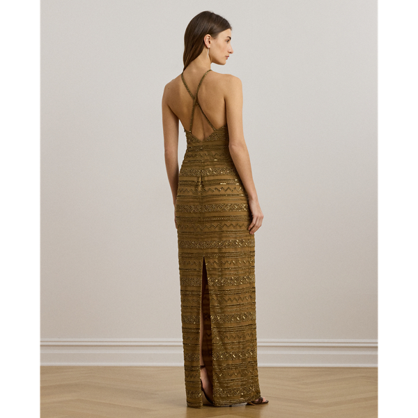 Beaded Mesh Halter Gown