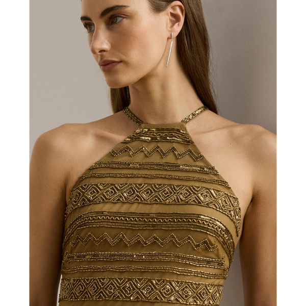 Beaded Mesh Halter Gown