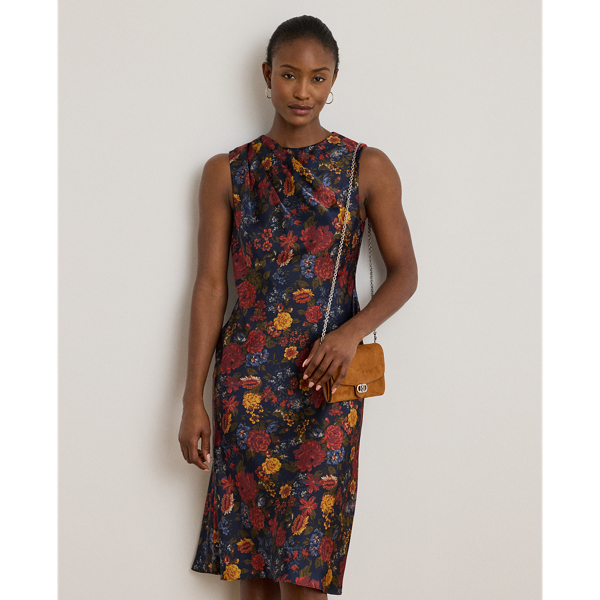 Floral Pleated Charmeuse Cocktail Dress