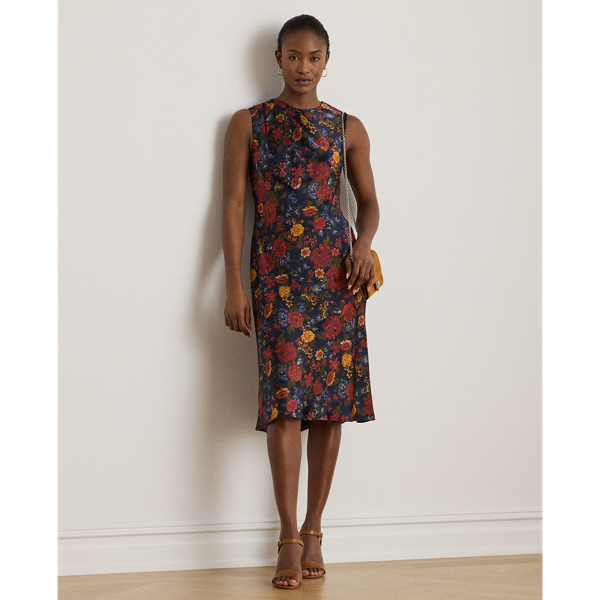 Floral Pleated Charmeuse Cocktail Dress