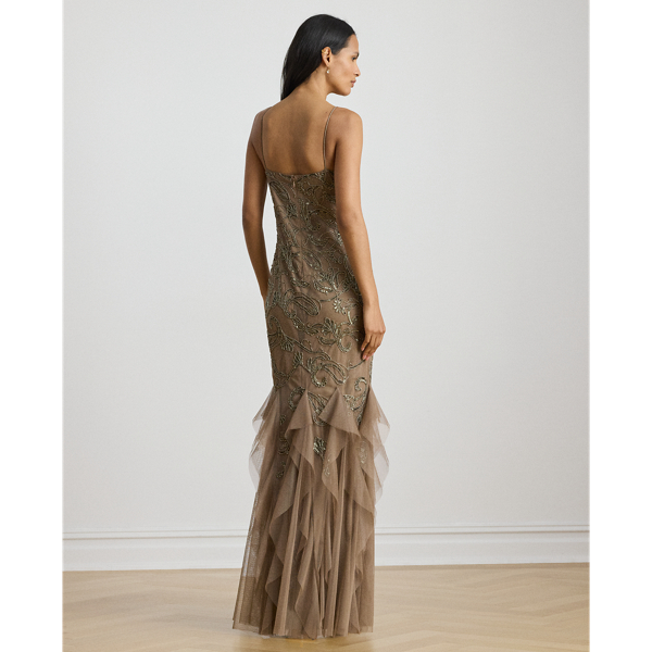 Ruffle-Trim Paisley-Beaded Tulle Gown - thumbnail 4
