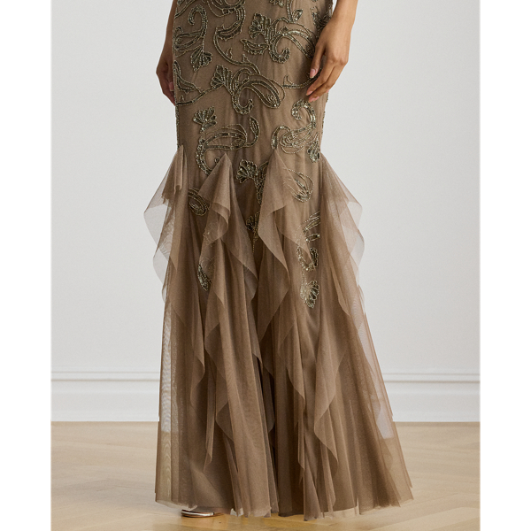 Ruffle-Trim Paisley-Beaded Tulle Gown - thumbnail 5