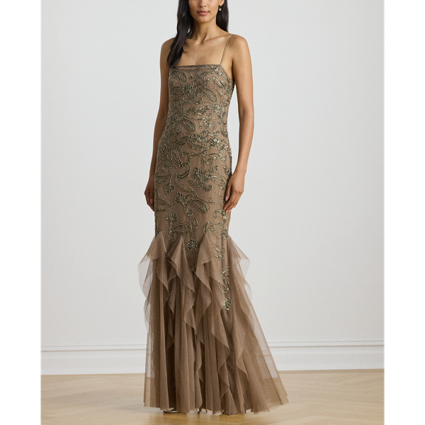 Ruffle-Trim Paisley-Beaded Tulle Gown - thumbnail 6