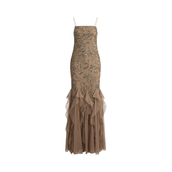 Ruffle-Trim Paisley-Beaded Tulle Gown Lauren 1