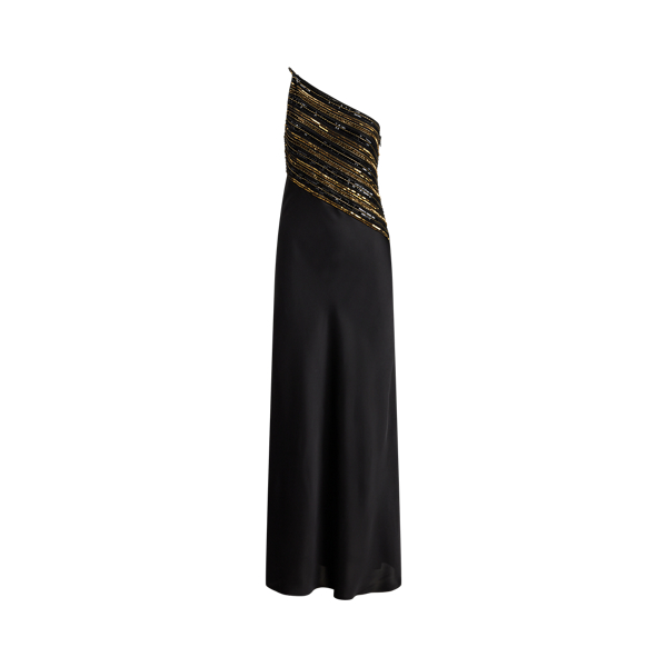 Beaded Mesh &amp; Satin One-Shoulder Gown