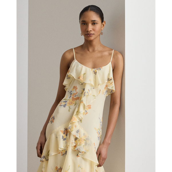 Cream Multi Floral Ruffle-Trim Georgette Gown Lauren 4