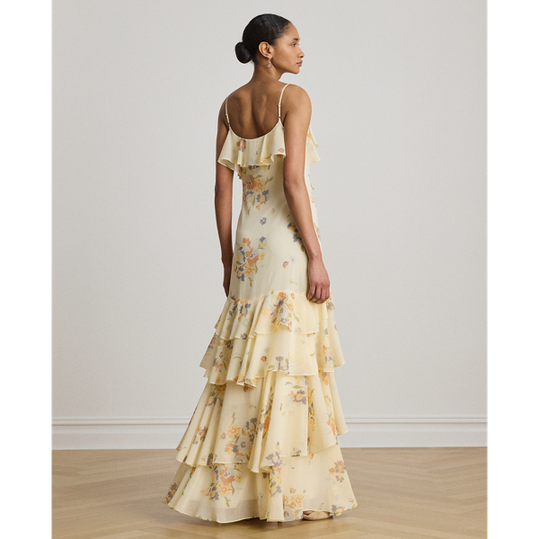 Cream Multi Floral Ruffle-Trim Georgette Gown Lauren 5