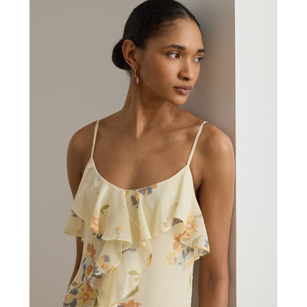 Cream Multi Floral Ruffle-Trim Georgette Gown Lauren 6