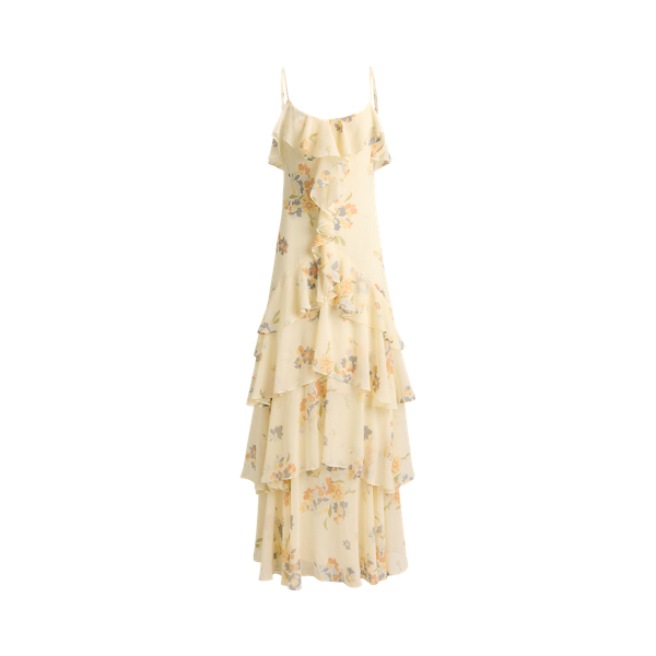 Cream Multi Floral Ruffle-Trim Georgette Gown Lauren 2