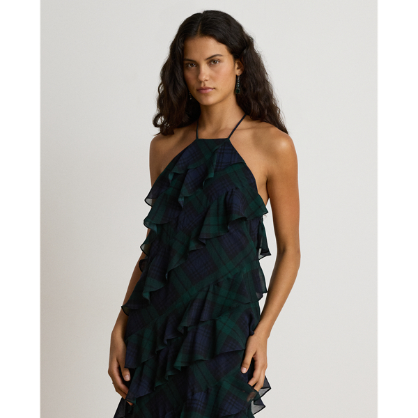Vestido halter com folhos Black Watch