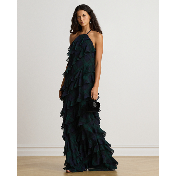 Vestido halter com folhos Black Watch