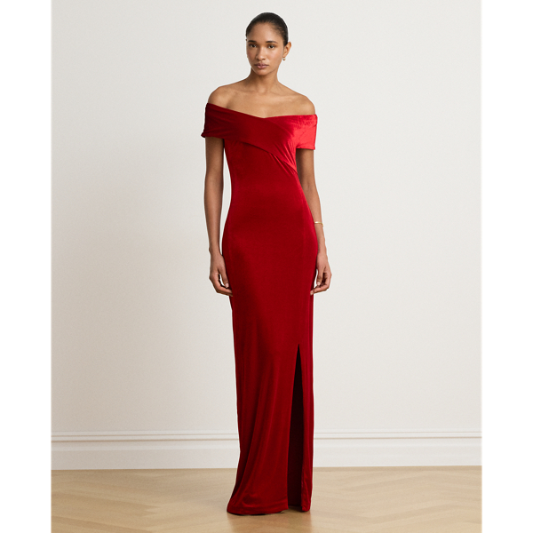 Stretch Velvet Off-the-Shoulder Gown