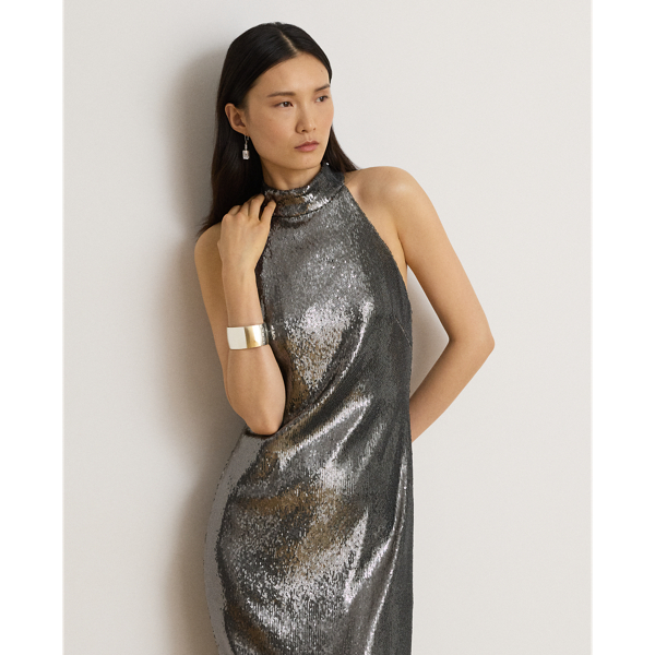 Sequined Tulle Mockneck Cocktail Dress
