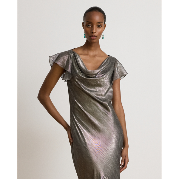 Grey Multi Paisley Metallic Ruffle-Trim Gown Lauren 4