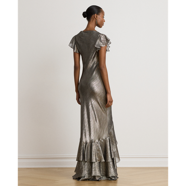Grey Multi Paisley Metallic Ruffle-Trim Gown Lauren 5