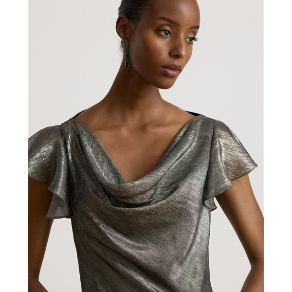 Grey Multi Paisley Metallic Ruffle-Trim Gown Lauren 6