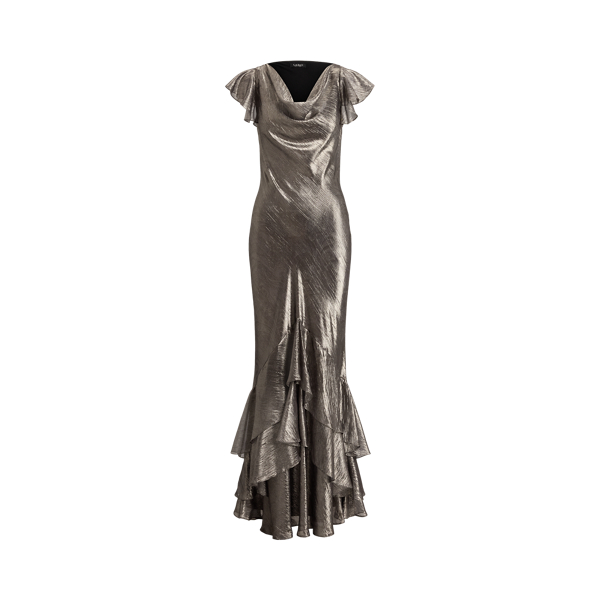 Grey Multi Paisley Metallic Ruffle-Trim Gown Lauren 2