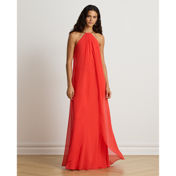 Cape Chiffon Halter Gown