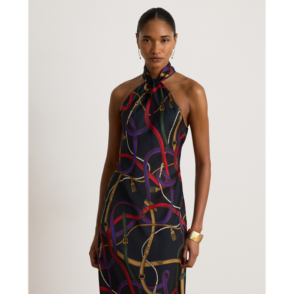 Abito halter in twill con stampa cinture
