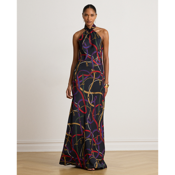 Abito halter in twill con stampa cinture