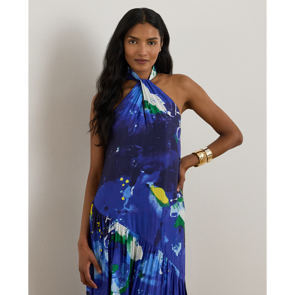 Abstract-Print Shantung Halter Gown
