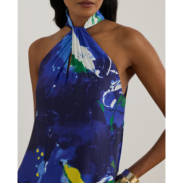 Abstract-Print Shantung Halter Gown