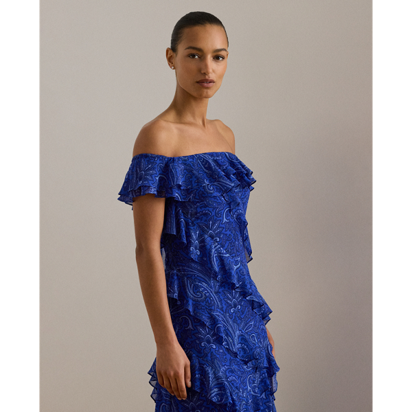Print Ruffle-Trim Off-the-Shoulder Gown
