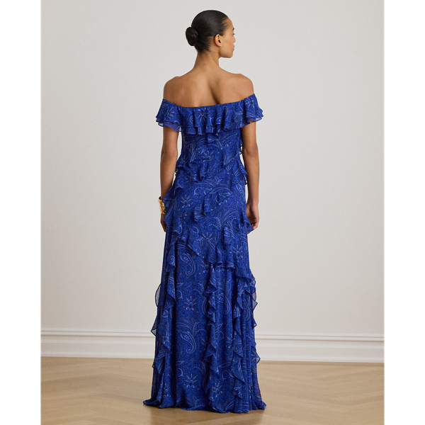 Print Ruffle-Trim Off-the-Shoulder Gown