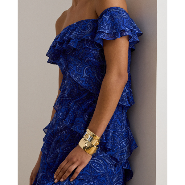 Print Ruffle-Trim Off-the-Shoulder Gown