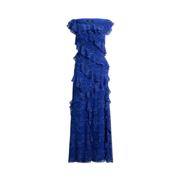 Print Ruffle-Trim Off-the-Shoulder Gown