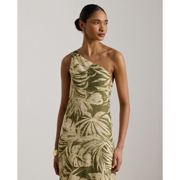 Olive Multi Print Georgette One-Shoulder Gown Lauren 4