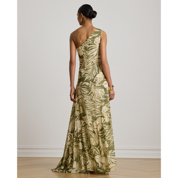 Olive Multi Print Georgette One-Shoulder Gown Lauren 5
